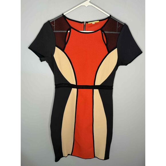 Gianni Bini Colorblock Short Sleeve Bodycon Sheath Dress Black/Orange/Cream Sm - Picture 2 of 10